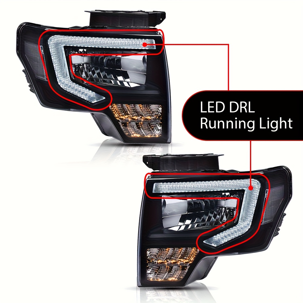 TEMU Led Drl Headlight Assembly For F150 2009-2014, Left Driver & Right Passenger Side 2pcs, Headlamps Smoke Lens Black Reflector, Fo2503289