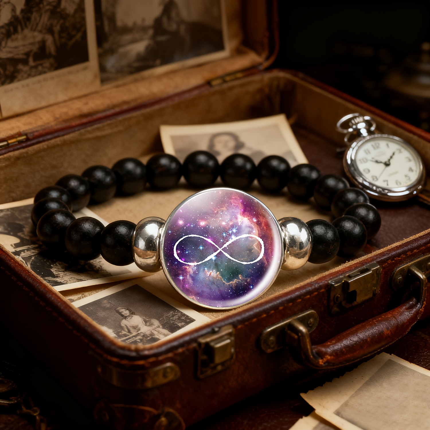 Teenager's Classic Black Plastic Bead & Chain Bracelet with Cosmic Nebula Design