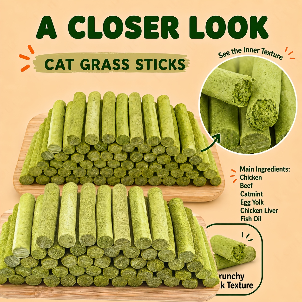 Cat Grass Chew Sticks With Freeze Dried Chicken And , Cat Treats For Indoor Cats, Kittens And Adult Cats, Crunchy Pet Snacks For Daily Rewards, Chewing Fun, Food Topper Use And Interactive Feeding