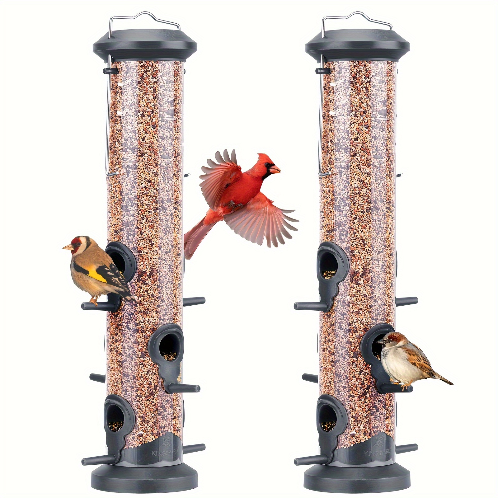 

Kingsyard 2 Pack Tube Bird Feeders For Outdoors Hanging, Premium Hard Plastic Bird Feeder With 6 Feeding Ports, Weatherproof & Steel Hanger, Attracting For Wild Birds