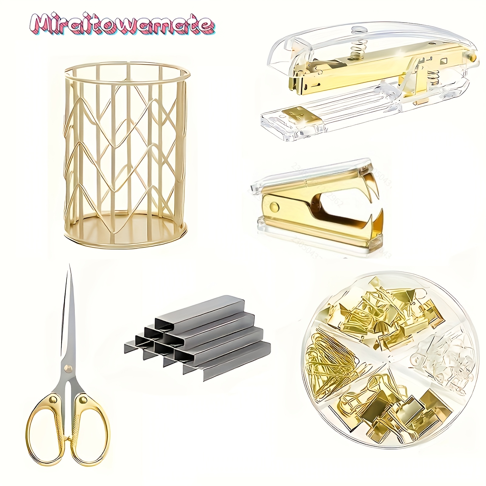 Image of A Gold-colored Office Additions Set, Comprising An Acrylic Stapler, Pen Holder, Scissors, Staple Remover, Paper Clips, File Folders, And Tacks, A Exquisite Office Gift Set