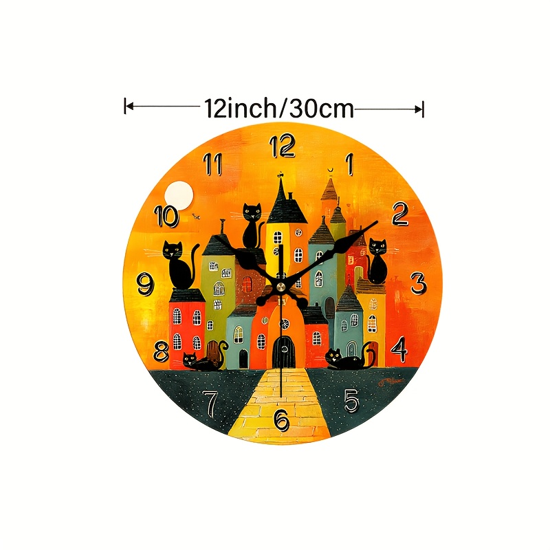 TEMU 2d Flat. 1pc, Retro Style Wooden Wall Clock, Town Design, Essential Silent Round Clock For Home Decoration, Perfect Decoration For Bedroom,