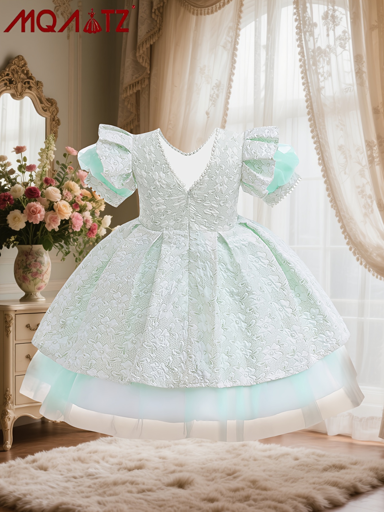 girls light green puffy skirt shoulder design oversized bow - Temu Bahrain