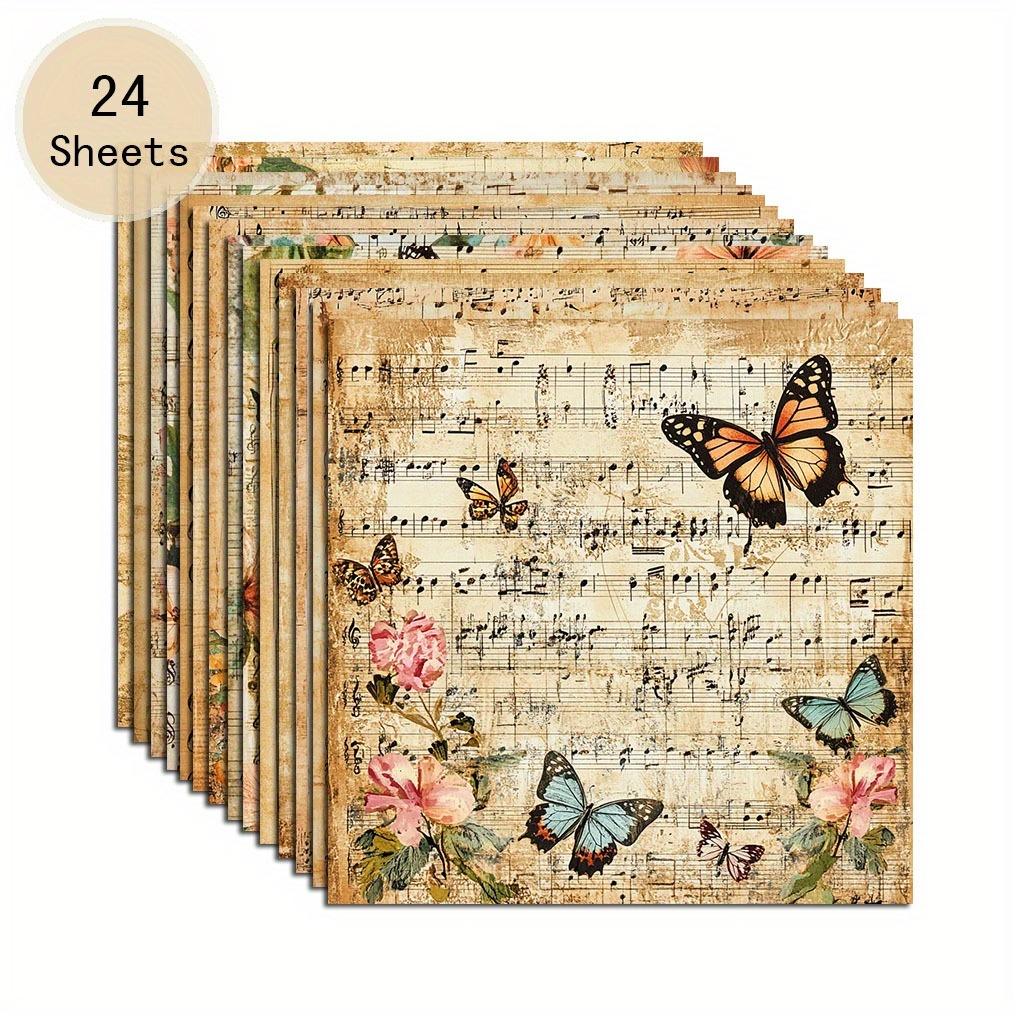 TEMU 24 Sheets 6x6 Inch Vintage Music Sheet Scrapbook Paper With Floral & Designs - Distressed Aged Parchment Texture, Earthy Tones For Diy Greeting