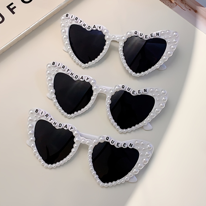 

1pc Women Shaped Glasses Trendy Classic 'birthday Queen' Letter Frame White Glasses With Artificial Pearls Gradient Lens Shades Suitable For Decoration And Birthday Parties