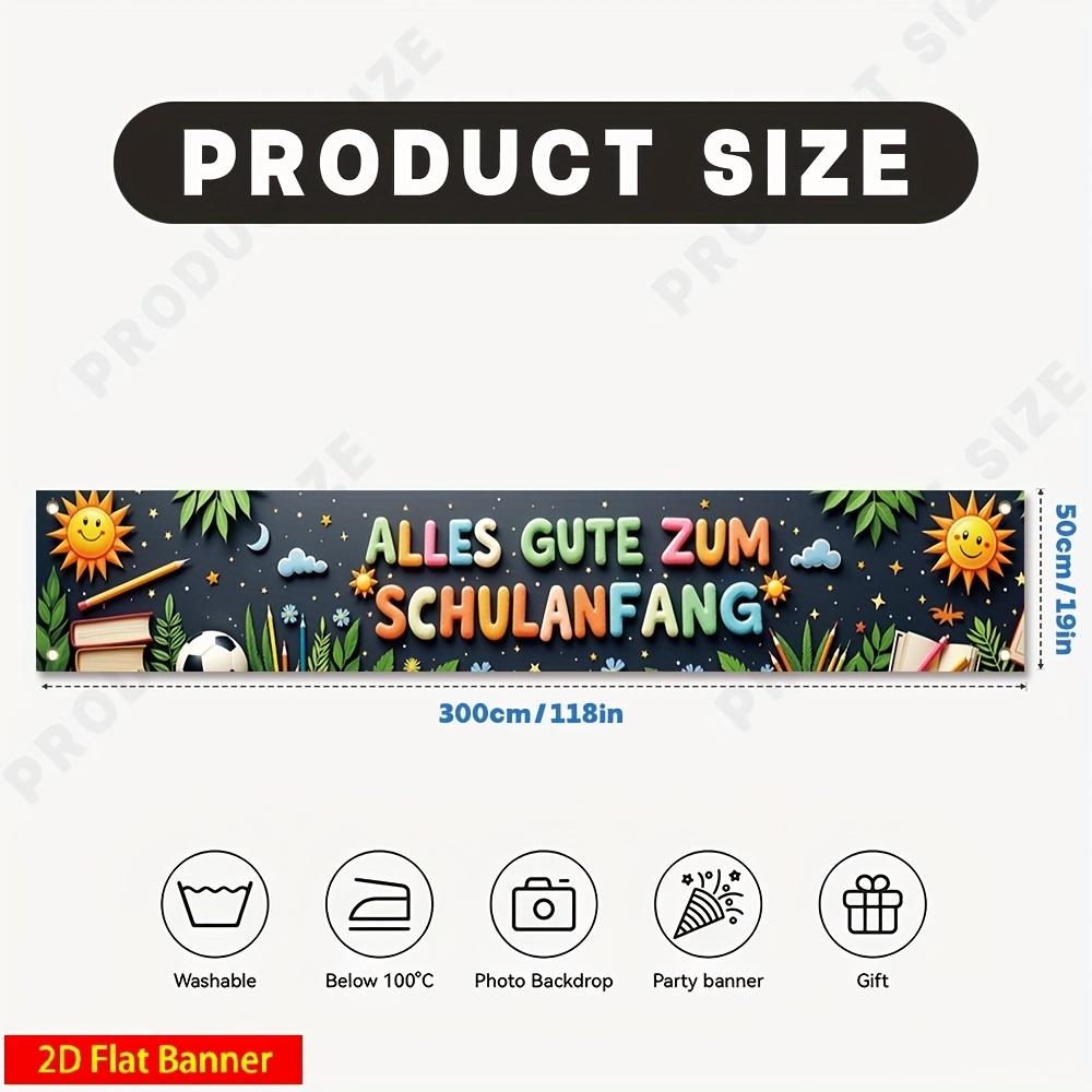 TEMU 2D Flachbanner 1 Stück – Schulstart/Anmelde-Hintergrunddekoration. Dekorative Motive mit Sonnenlächeln, Büchern, Buntstiften, Fußbällen, Wolken,