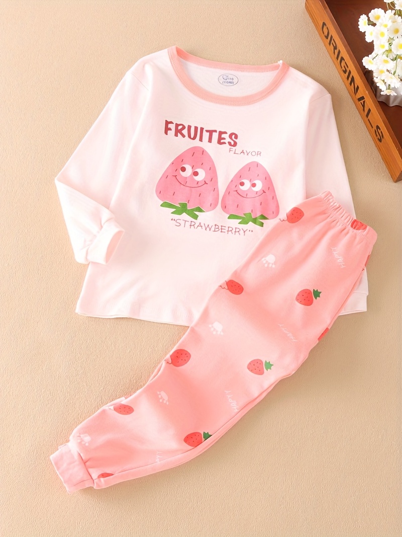 Conjunto de pijama de */otoño para niñas Lindo estampado de fresa de  dibujos animados con largas y piernas, rosa con fresas roj