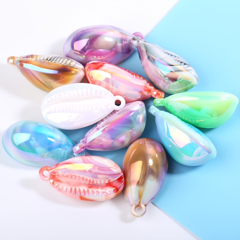 TEMU 10pcs Set Of Shiny Colorful Shell Acrylic Pendants, 15x32mm, Iridescent Conch Shell Charms, Handmade For Summer Beach Vacation