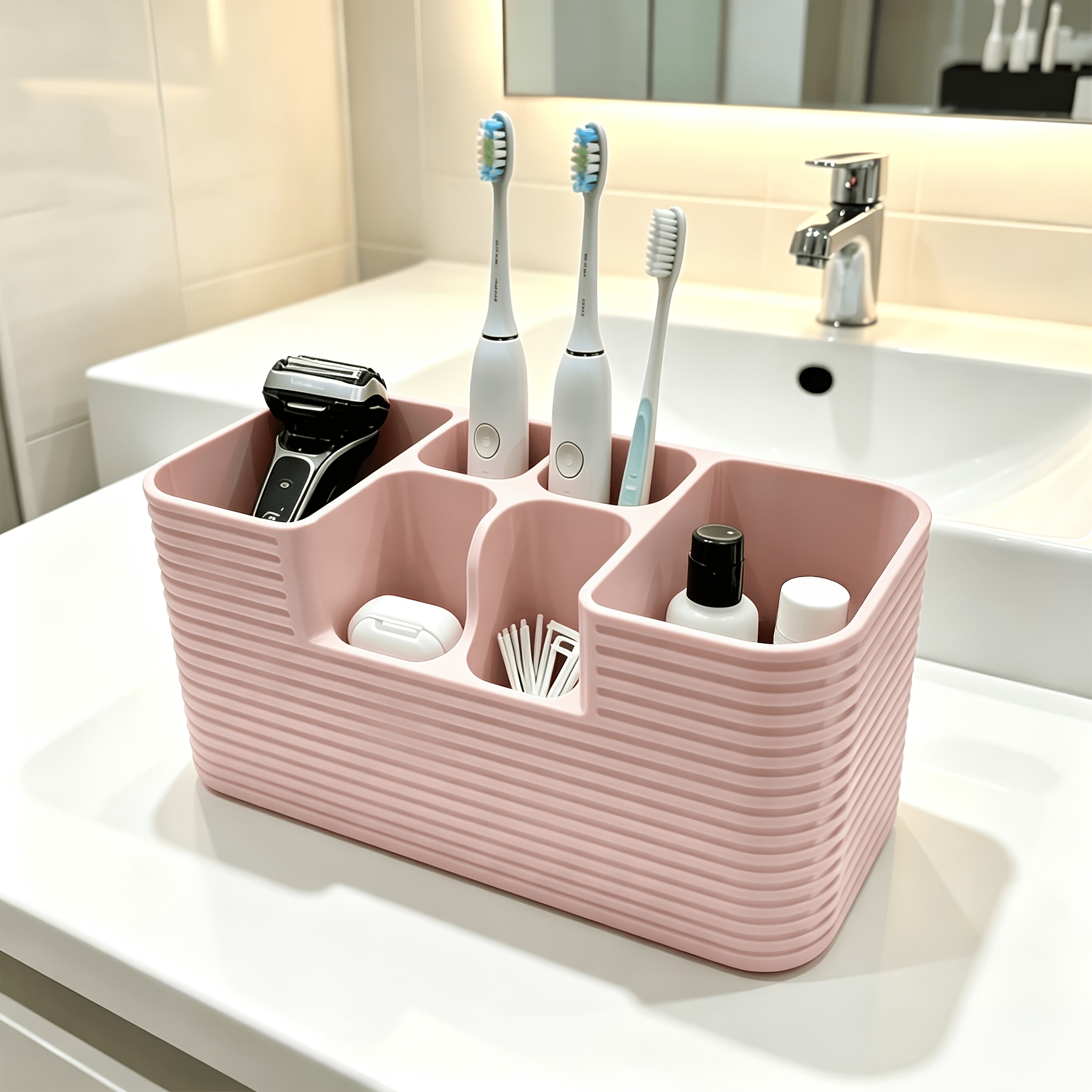 TEMU Porte-brosse à dents, Organisateur de comptoir de salle de bain à plusieurs compartiments, Étagère de coiffeuse à fentes multiples de grande ,