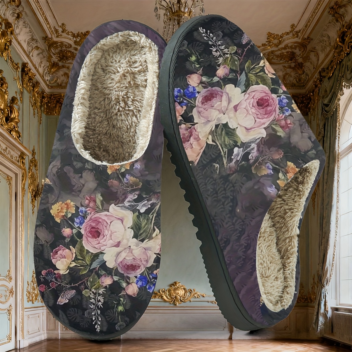 TEMU Charm Floral Cluster Slippers, Set Against A Vintage Dark Floral Backdrop, Showcase A With Vibrant . A Artistic Charm, Providing A Soft And Warm