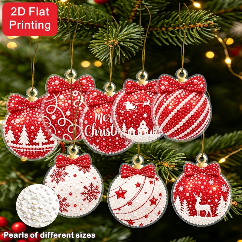 TEMU 8pcs Set 2d Flat Printing Diy Drill Designed Christmas Snowflake Ornament Ball Tag Pendant, Diamond Painting Kit Full Set Of Handmade Drill