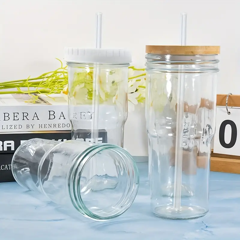 pack of 4 glass cups with bamboo lids and glass straws 24oz glass tumbler with two lid and straw wide mouth boba cup smoothie tumbler iced coffee cup travel mug Product details 5