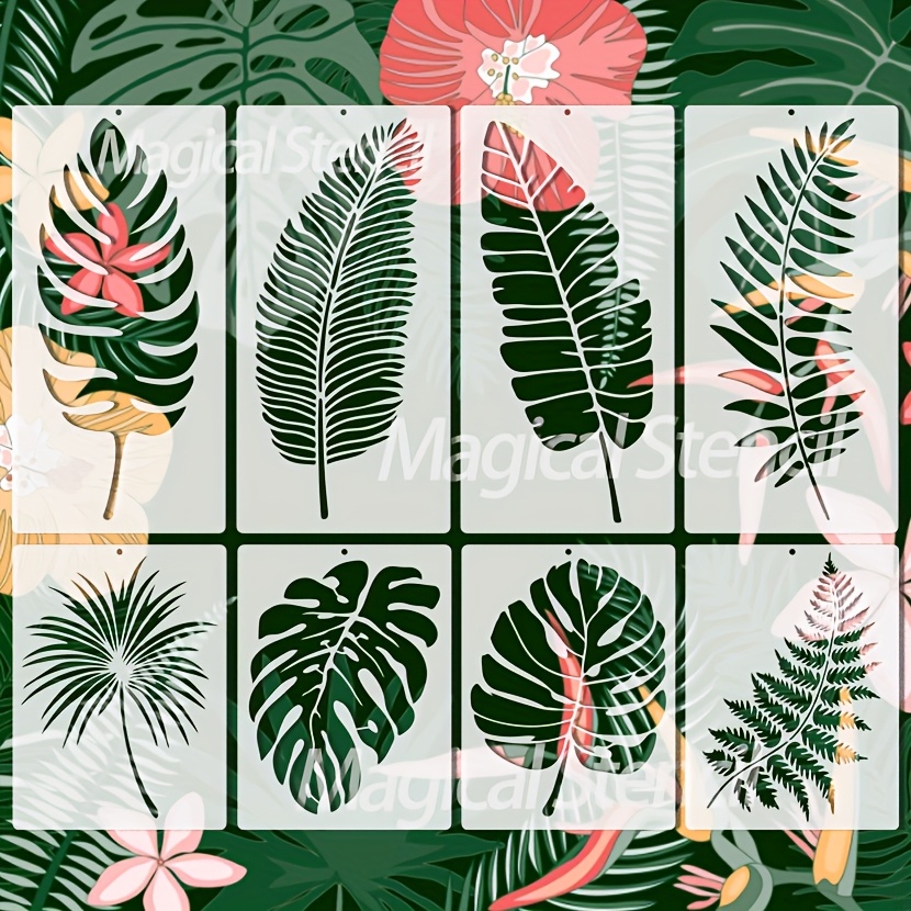 Image of 8 Large Reusable For Tropical Leaf Stencils, Leaf Painting Templates, Reusable Plastic Palm, Templates, For Tropical Plants Applicable For Painting On Walls, Furniture Decoration, Murals, Ferns