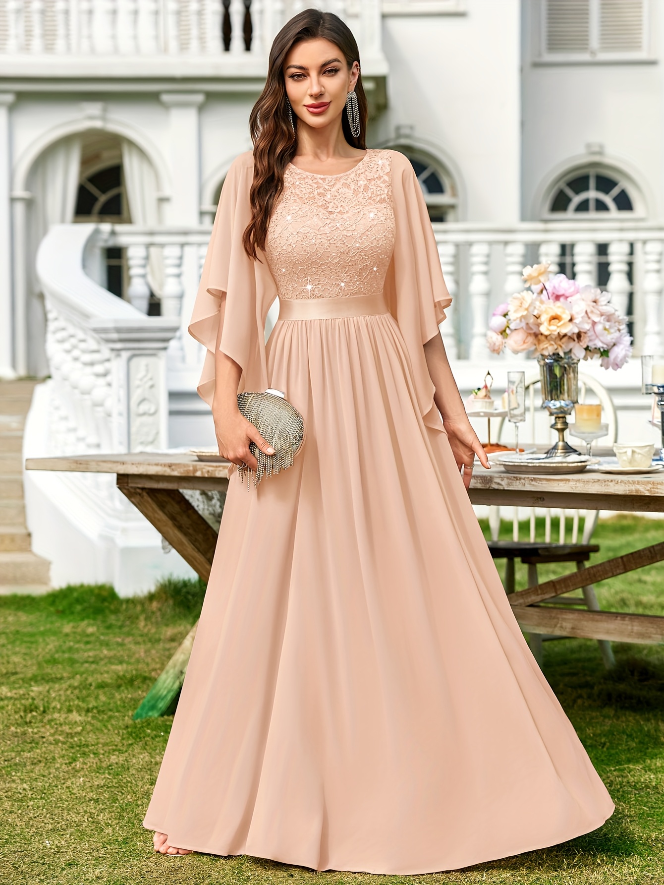 Women's Elegant Maxi Dress Formal Party Wedding Gala Gown with Cape Cloak  Sleeves, Flowy Ruffle Hem, Beige/ Pastel colors, Hand Washable for