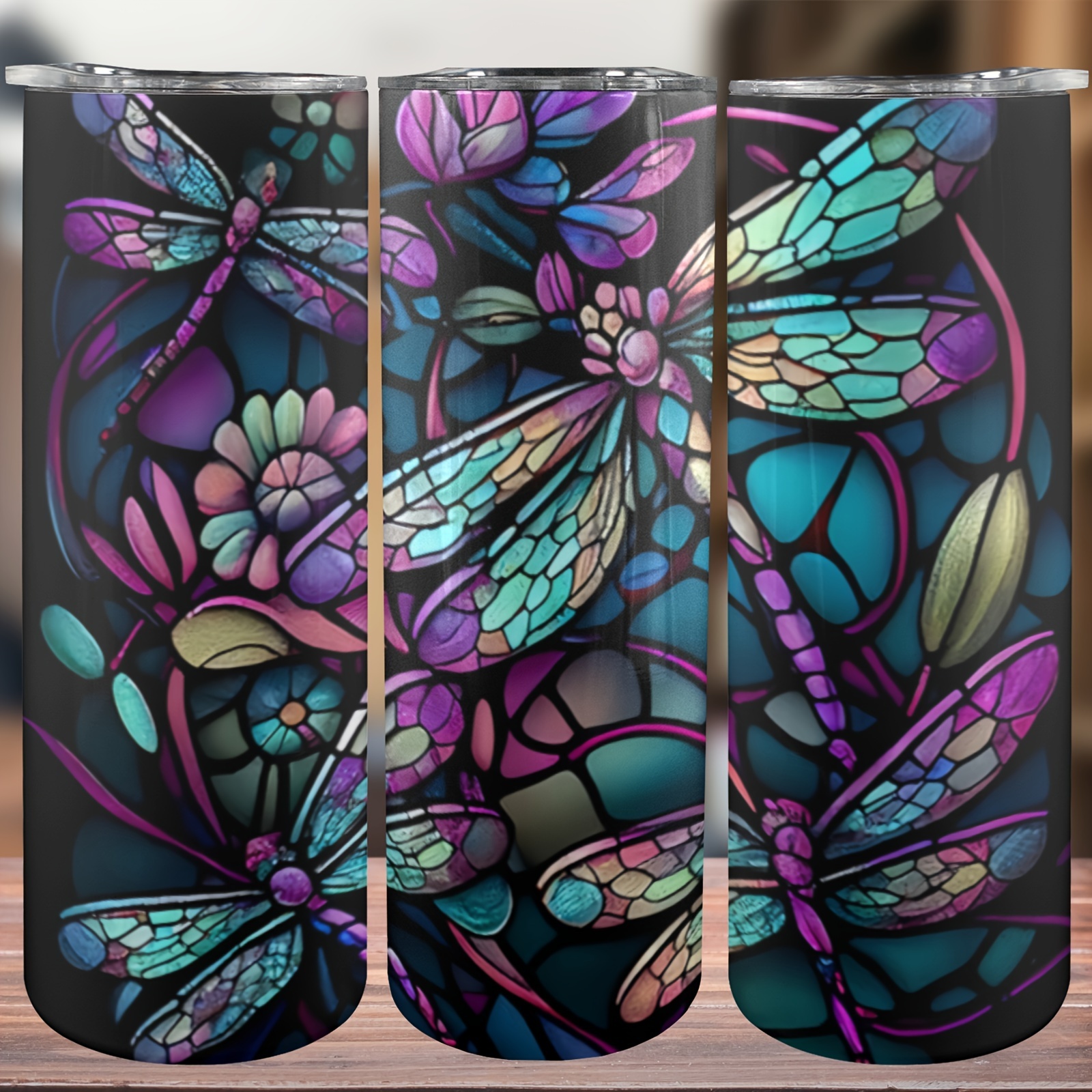 

Dragon Files 20oz Stainless Steel Tumbler With Lid - Neon Stained Glass Design, Double-walled Insulated Water Bottle For All Seasons, Perfect For Outdoor Travel & Everyday Use