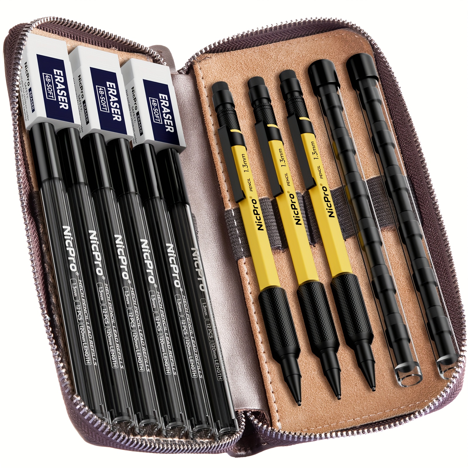 

Nicpro 17pcs 1.3mm Automatic Pencil Set, With 90 Pencil Leads, 3 Erasers, 12 Eraser Refills - Metal Barrel, Heavy Duty Carpenter Pencil, For Outdoor Marking And Drawing Carpentry