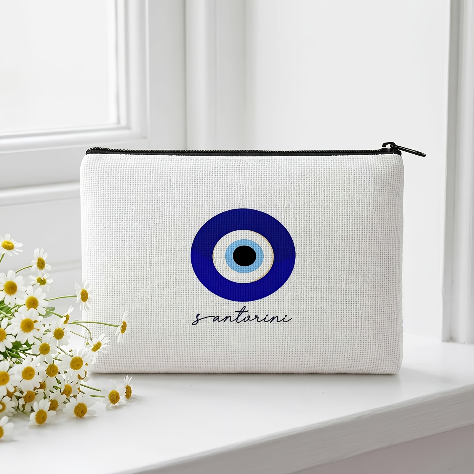 TEMU Packed Santorini Evil Eye Pattern Durable Makeup Bag, Travel Toiletry Bag And Storage Bag, Organization, Ideal Gift For Family, And Colleagues,