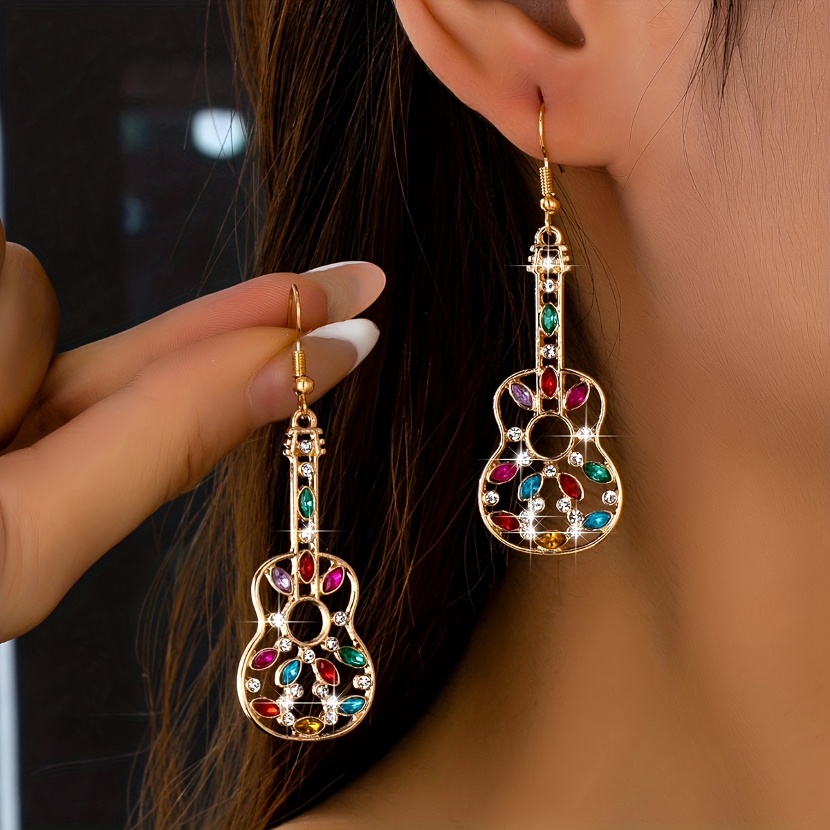TEMU 1 Paire de Boucles d'Oreilles Guitare Creuses pour Femmes avec Strass Colorés de Luxe | Alliage de Plaqué Or KC, Idéal pour les Festivals de