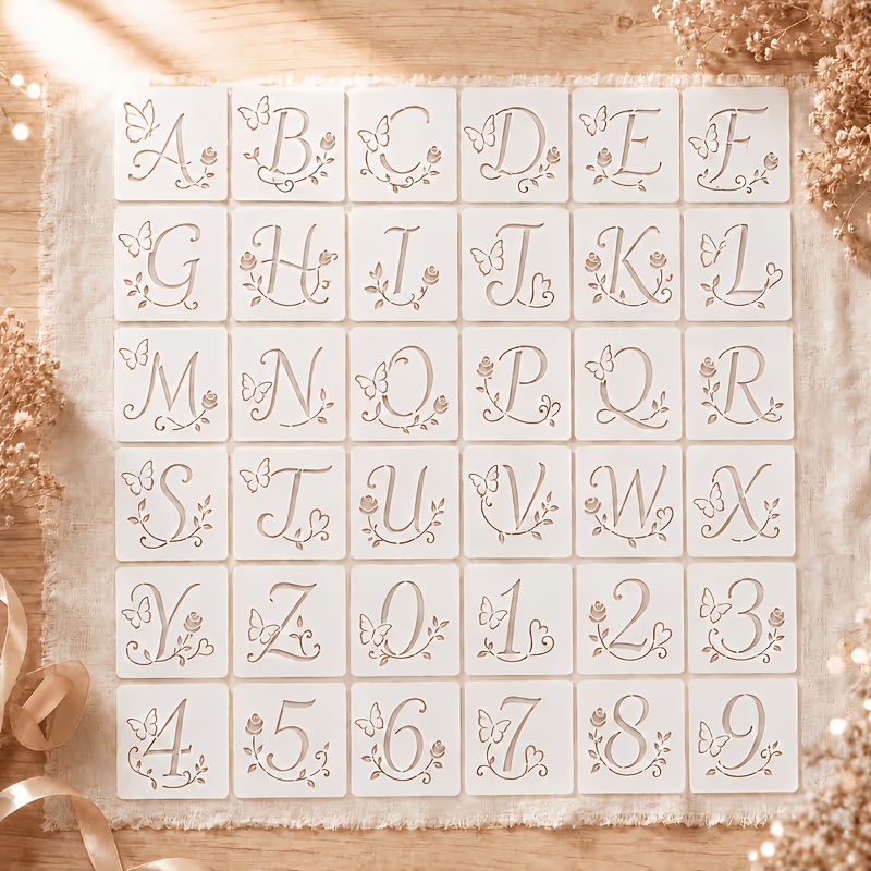 TEMU 36 pezzi di stencil con , rose, alfabeto e , PET latte, riutilizzabili, strumento di decorazione personalizzato per iniziali, verniciatura a