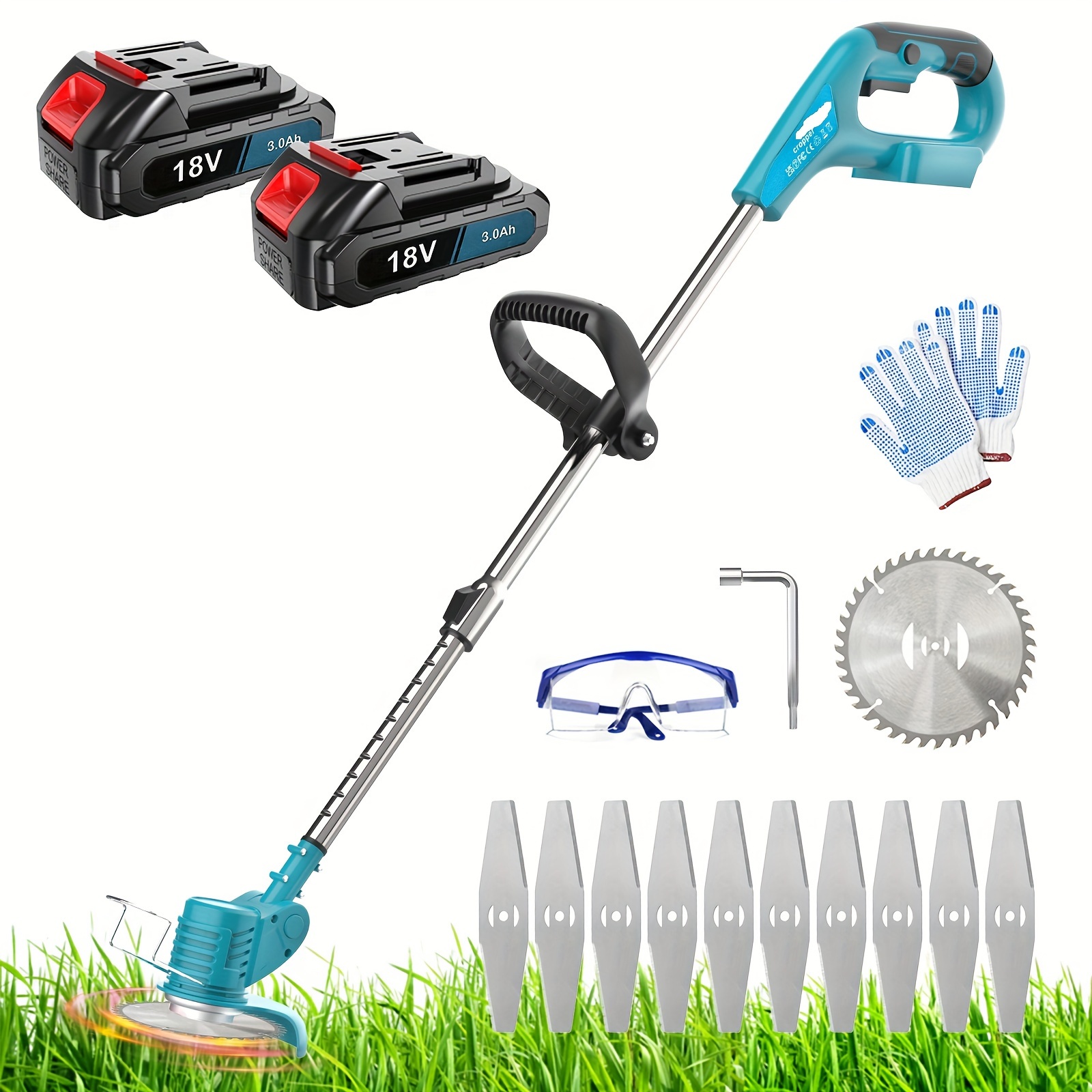 

21v Cordless Strimmer, Garden Strimmer With 2 X 3ah Batteries, 10psc Metal Blades&2psc Saw Blades, 90° Rotating Head, Spare Blades For Gardens Pruning, Lawns