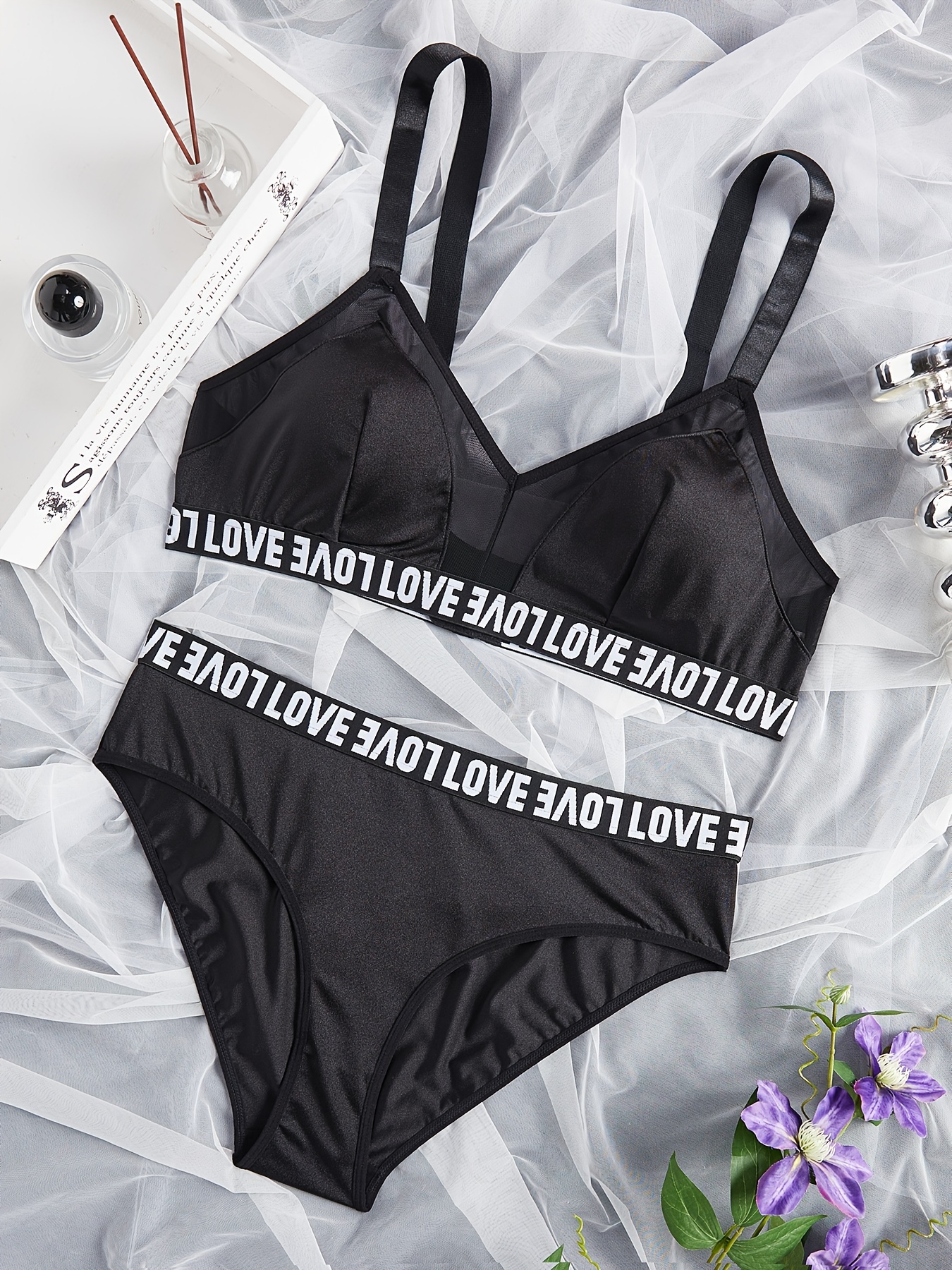 Chic Lover Plus Size Lingerie Set for Women Mesh Black Lace Bra High Waist  Suspender 2 Pieces Underwear