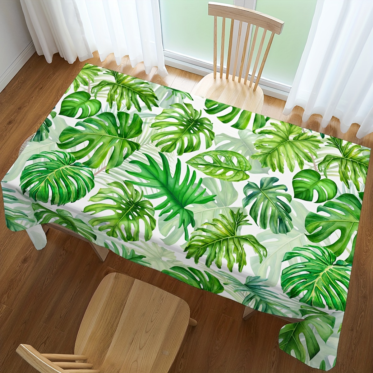 

Tropical Leaf Print Waterproof Polyester Tablecloth - Rectangular, Woven, Machine-made Cover For Dining, Party, Bbq, And Wedding