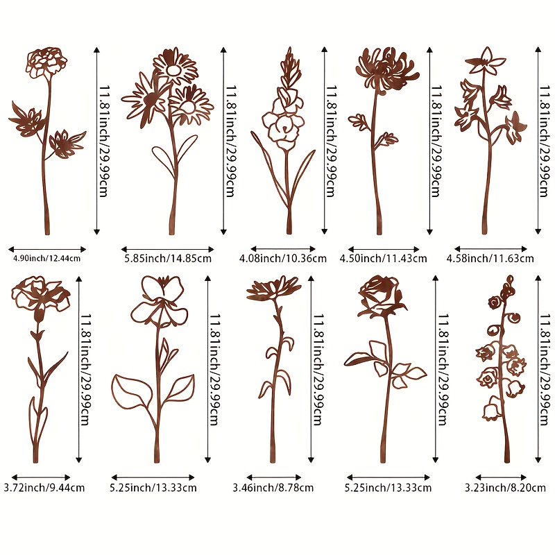 Image of 10pcs Of Rusted Metal Flower Bouquets For Garden Decoration, Rusty Flowers For Fence Garden Decor, Outline Insert Ornaments, Suitable For Outdoor , , Gardening