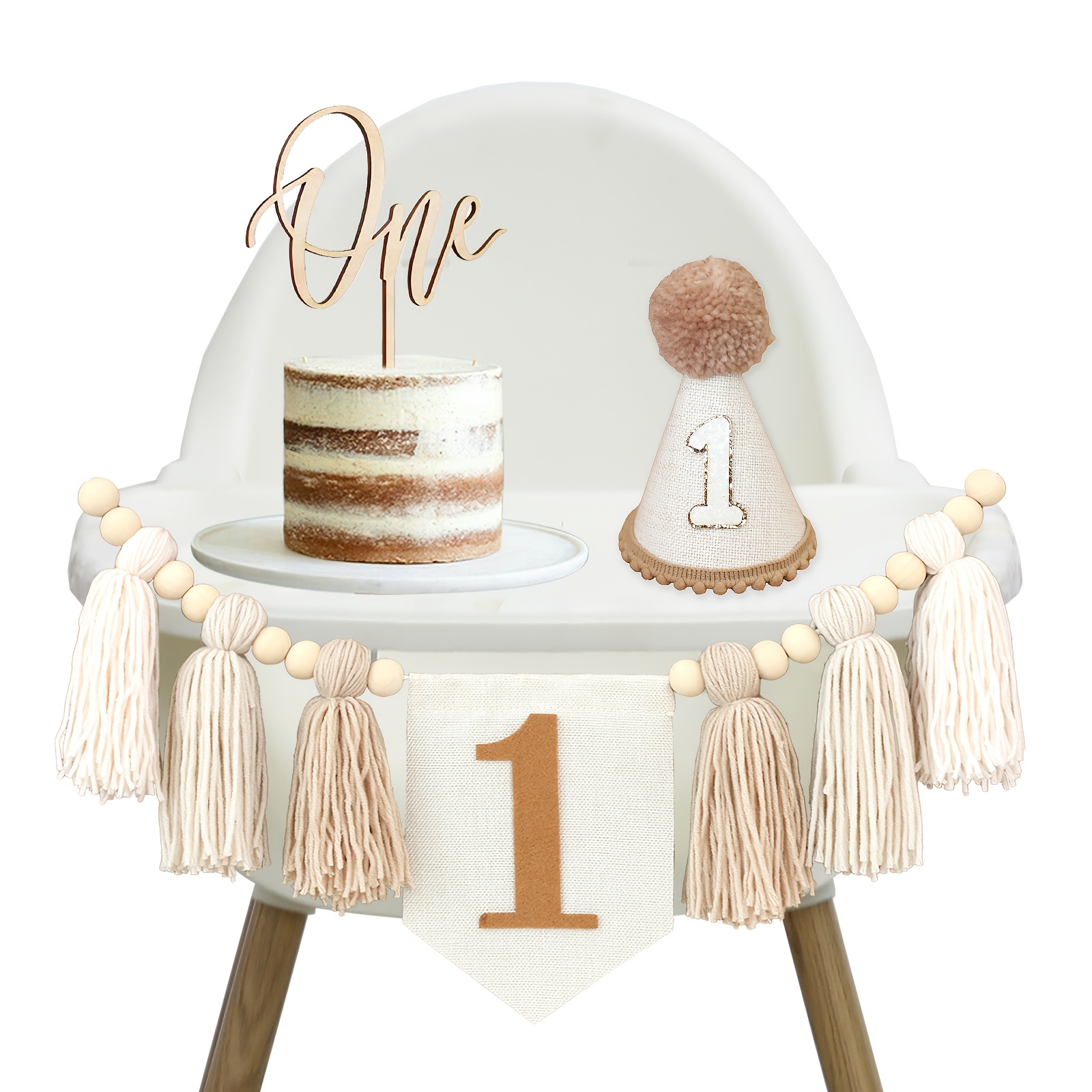 

3pcs Bohemian Handmade Tassel Garland Banner Set, Fabric Highchair Decor With Cake Topper & Birthday Cone Hat, Universal Holiday Wall & Party Decoration