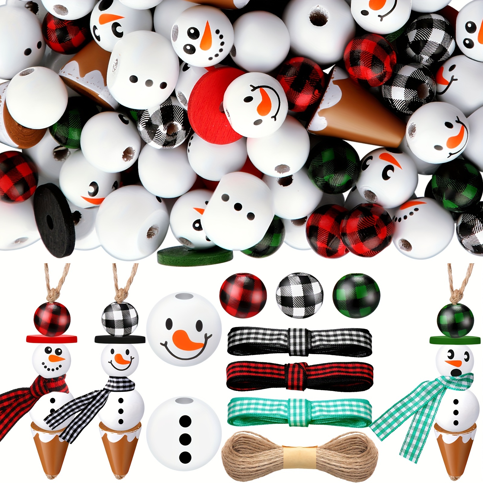 

255 Pcs Christmas Snowman Wooden Bead Ice Cream Snowman Wood Beads Wooden Beads Crafts Christmas Crafts For Adults Kids Christmas Beads Diy Christmas Ornaments With Twine Scarf (plaid, Classic)