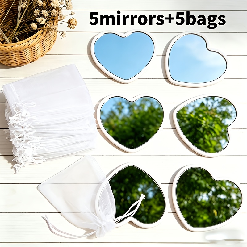 TEMU Ensemble de 5 miroirs portables de cœur avec nœuds de ruban , blanc et noir. Idéal pour les voyages, de mariage et la décoration, parfait pour
