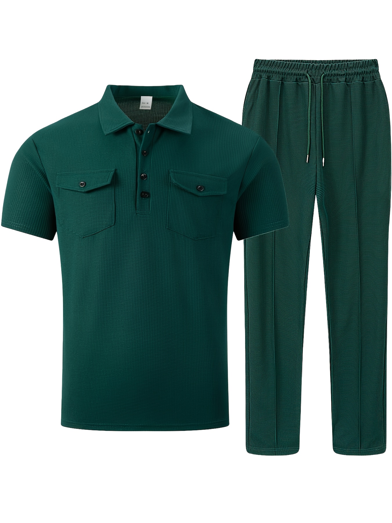 Men's 2pcs Set, Solid Color Minimalist Black Button-Up Short Sleeve Shirt with Two Pockets and Collar + Drawstring Waist Pants, Men's Spring/Summer Casual Vacation Daily Wear