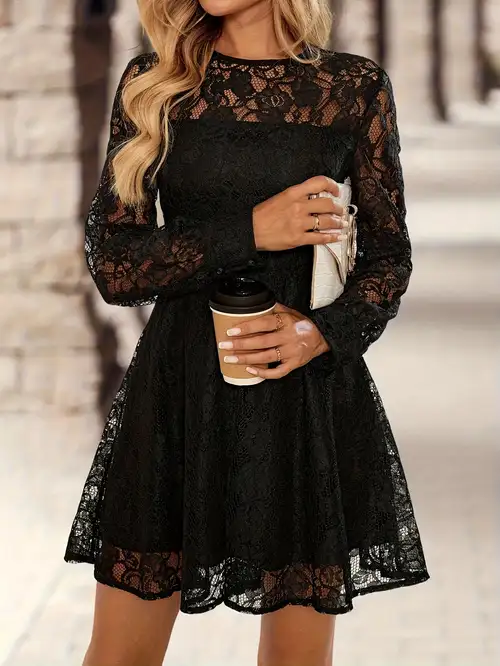 Women'S Elegant Lace Party Dress Long Sleeve Formal Evening Gown Flared Round Neck Women'S Elegant Lace Party Dress Long Sleeve Formal Evening Gown Flared Round Neck