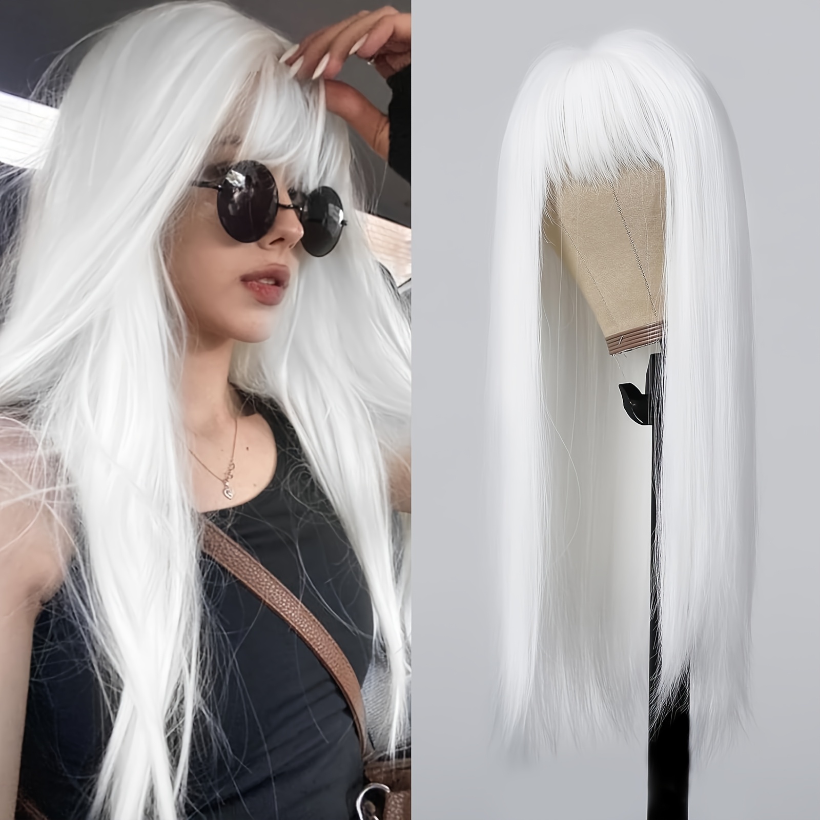 TEMU White Bangs 28" Straight Hair Wig For - Realistic Short Bob Style With Bangs, Soft Comfortable -looking Full Density Blonde-like (white) Wig, & Length For Parties,, Daily Wear -