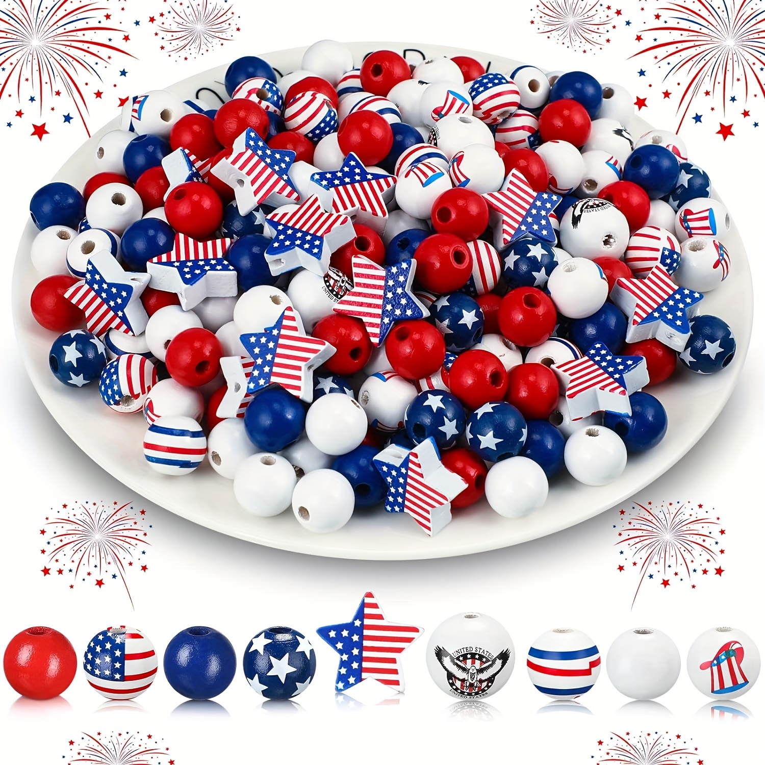 

75pcs Flag Theme Round Wooden Spacer Beads For Necklace Bracelet Jewelry Making