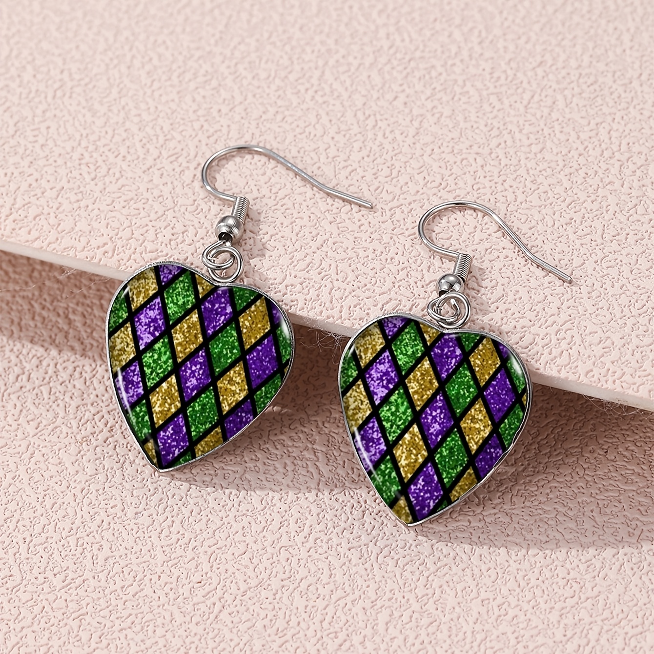 TEMU 1 Pair Purple And Golden Shimmering Sequined Pendant Heart Earrings, Makeup Prom Carnival Party Decorative Additions, Without Battery