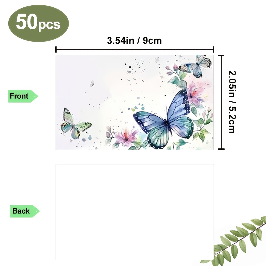 TEMU 50pcs 9x5.2cm Watercolor Floral Decorative Cards, Front With Ink Wash Blue And Pink Flower Artistic Patterns, Back Blank For Writing, Pasting,