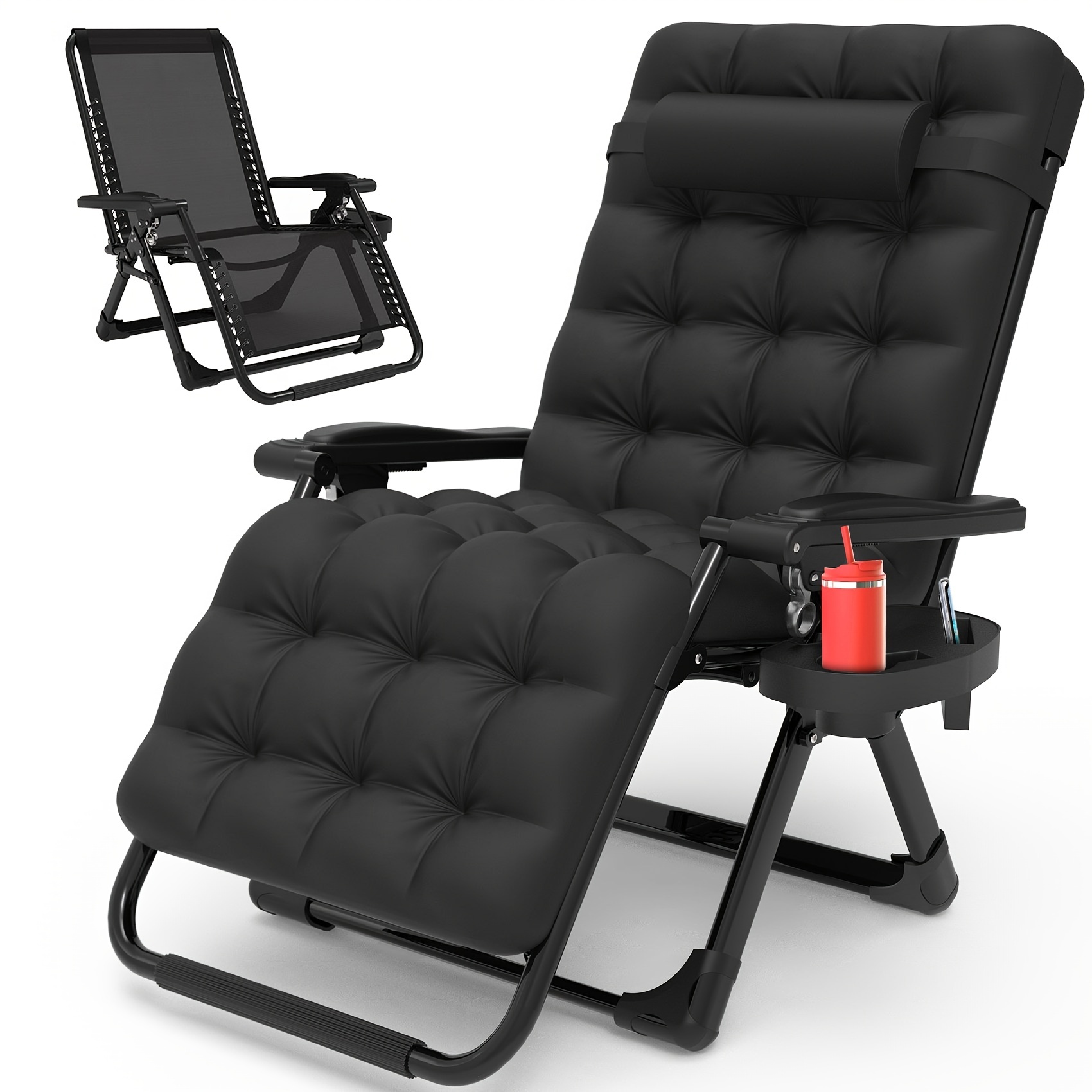 TEMU Outdoor 0 Gravity Lounge Chair With Cup Holder & Headrest, Ergonomic Folding Recliner, 440lbs Capacity, Removable Cushion, Sturdy Aluminum Frame For Patio Use