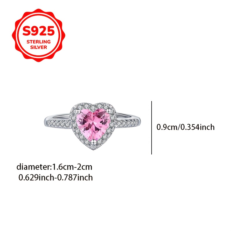 925 Silver Heart Open Ring Pink CZ Low Allergy Adjustable Light