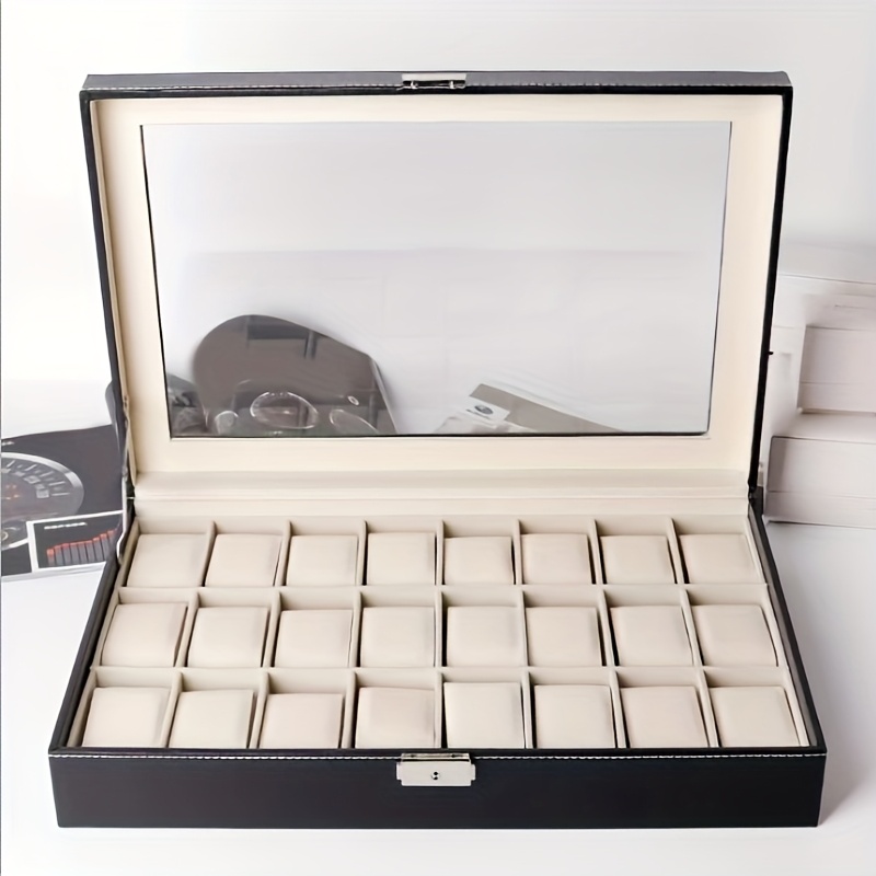 watch box organizer with transparent viewing window heavy duty construction soft beige interior lining   lid storage case for   jewelry stores home office   display box watch accessories   suede lining