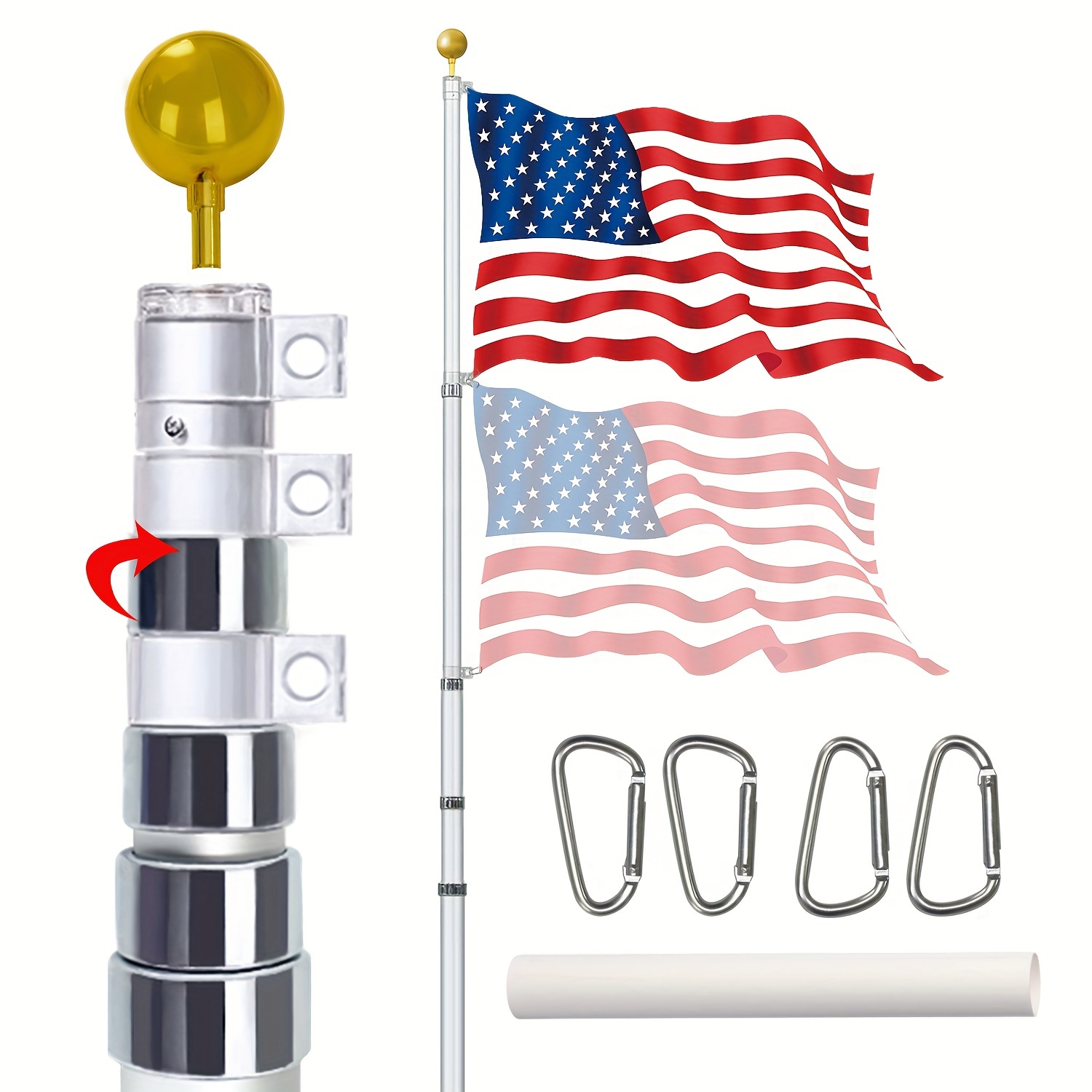 

Heavy-duty Telescopic Flag Pole Kit 20/25/30ft - Adjustable, Extra Thick Outdoor Flagpole With 3x5 American Flag, Golden Anodized Aluminum Ball Ornament & Accessories