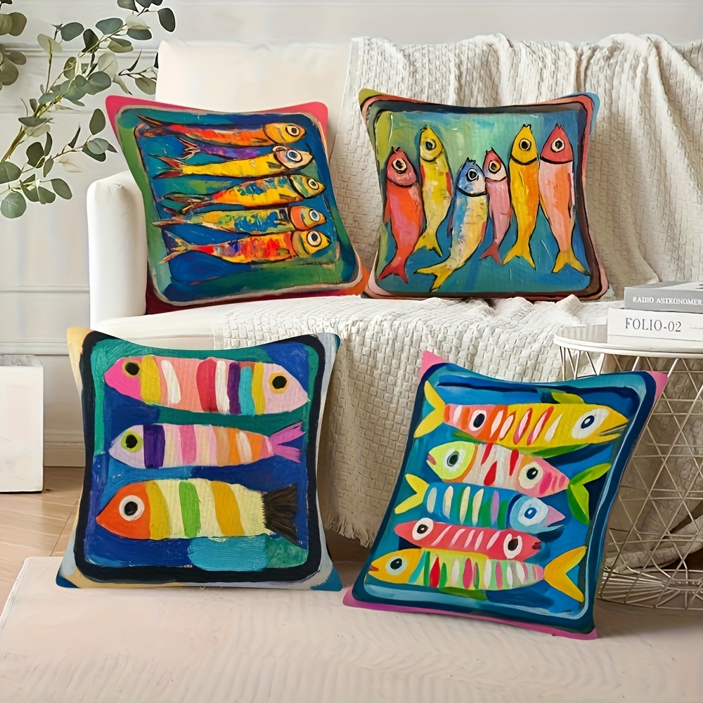 4pcs vibrant ocean themed pillow covers double sided print plush polyester machine washable with zipper closure ideal for car farmhouse bedroom living room sofa decor sofa pillow covers vintage style decor machine washable cover Product details 0