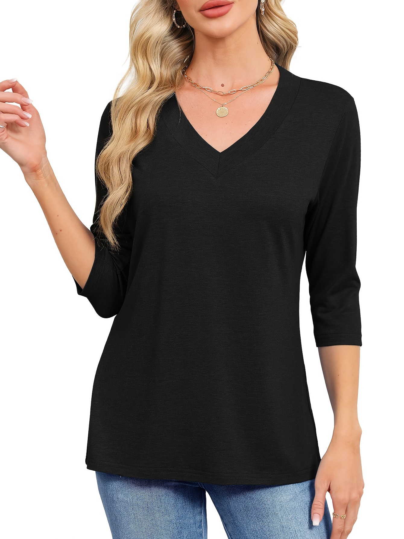 Zeagoo Dames 3/4 mouw tops elegante V-hals T-shirts zakelijke tuniek