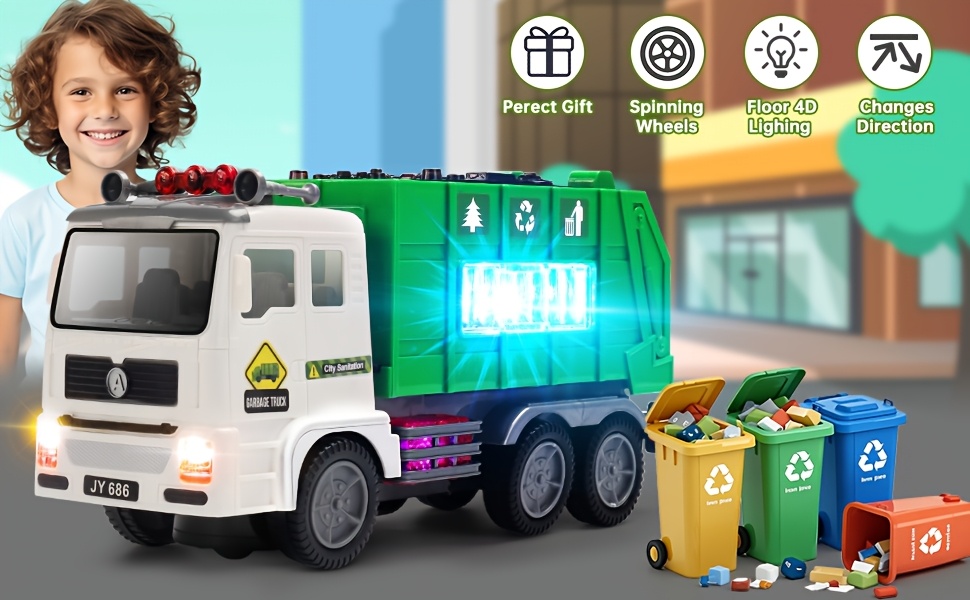HOT MODEL KIDS TOY SANITARY TRUCK WITH 4D LIGHTS AND SOUNDS - Battery Powered Auto Bump And Go Car - Sanitary Truck Stickers