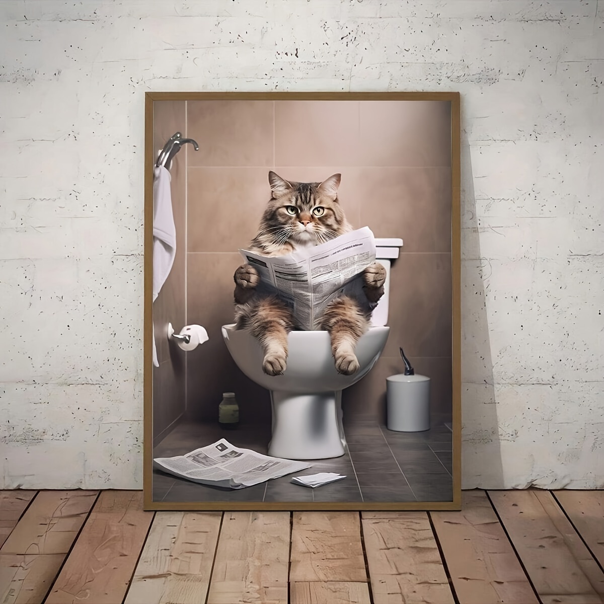 

The Funny Style Of Canvas Poster, A Cat Reading Newspaper In Toilet, Funny Bathroom Decor, For Restroom, Wc, Toilet, Bathroom Decor, Framed