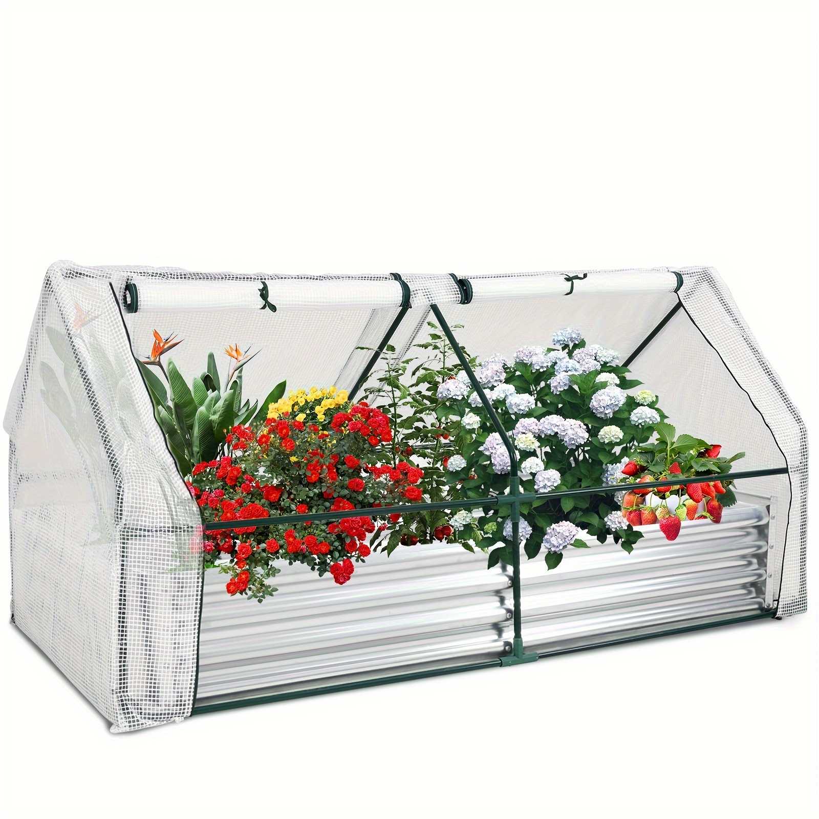 

6 X 3 X 3ft Galvanized Raised Garden Bed With Extra Thick Metal Planter Box Greenhouse Kit, With 2 Large Zipper Windows For Outdoor Gardening , Keep Warm And Protcet Plants