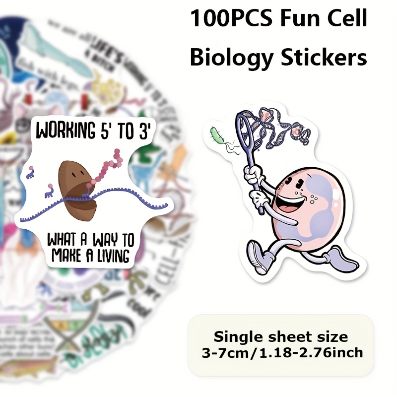 Image of 100pcs Fun Cell Biology Stickers Featuring Creative Cartoon Designs For Educational Purposes, Perfect For Decorating Phones, Notebooks, Skateboards, Luggage, And Water Bottles