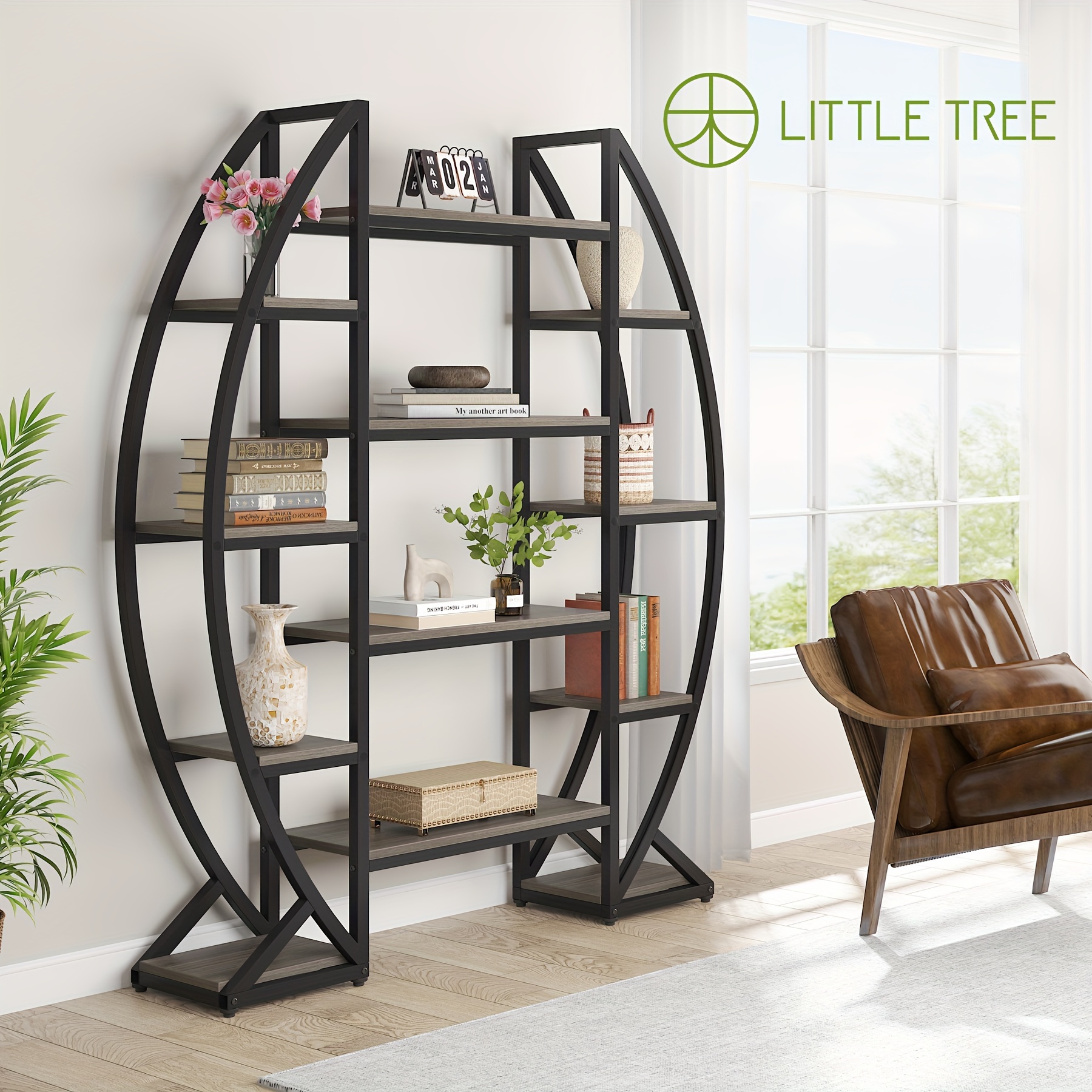 

Little Tree Oval Bookshelf, Triple Wide 5 Tier Etagere Bookcases, Industrial Display Shelves For Living Room