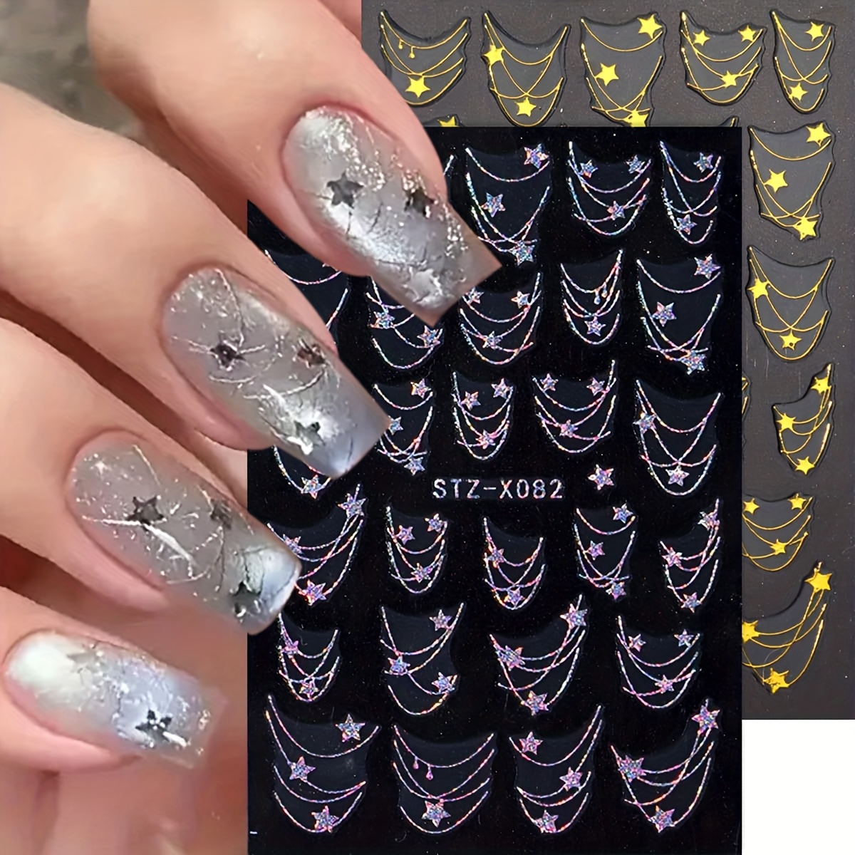 Set Of 2pcs Of 3d Chain Nail Art Stickers - Laser- Golden And Silvery Star Stripe Designs For Women's Holiday Nail Embellishments