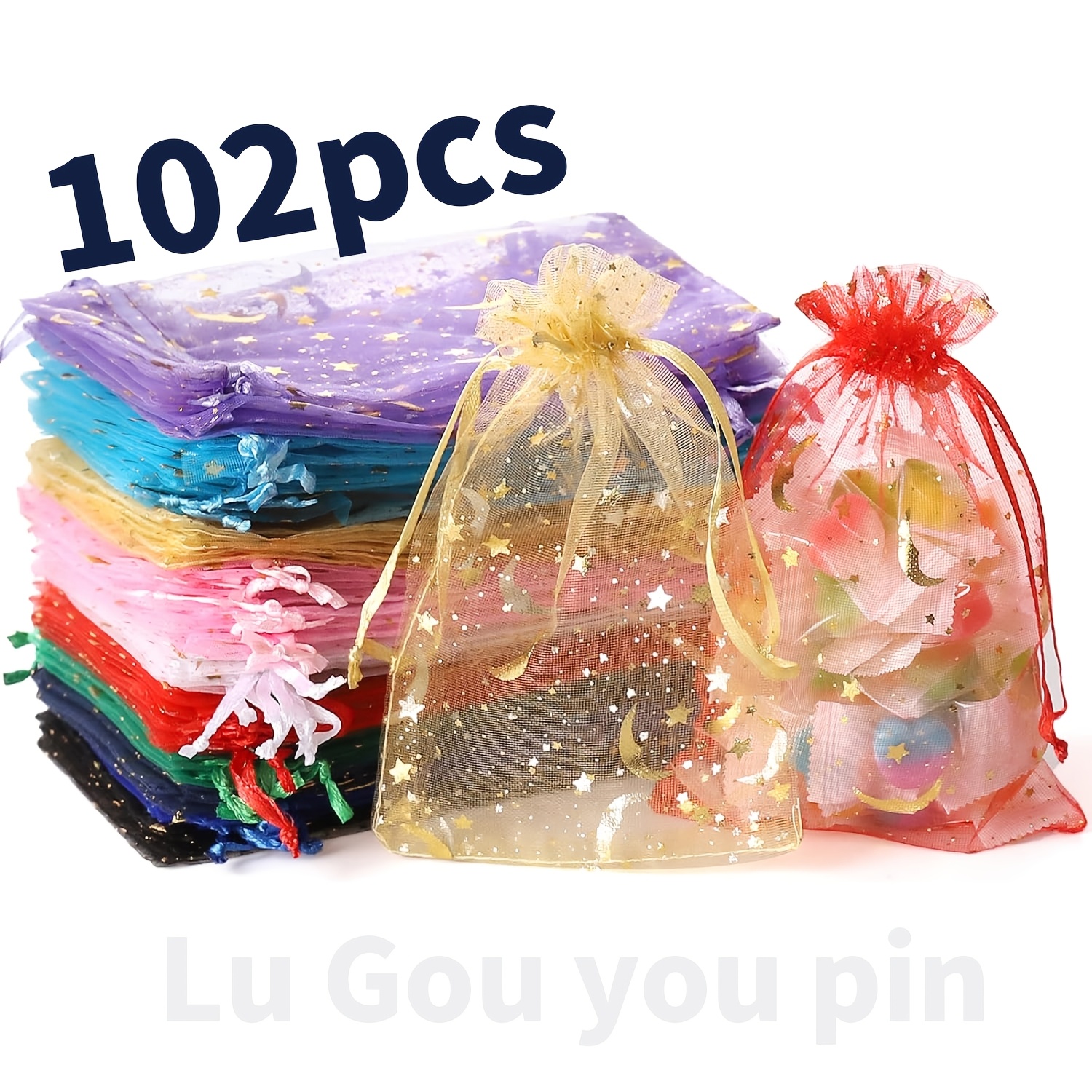 TEMU 102pcs Moon Star Golden Organza Drawstring Pouches, Random Mixed Color Sheer Mesh Gift Bags, Multipurpose Packaging For Jewelry, Candy, Wedding