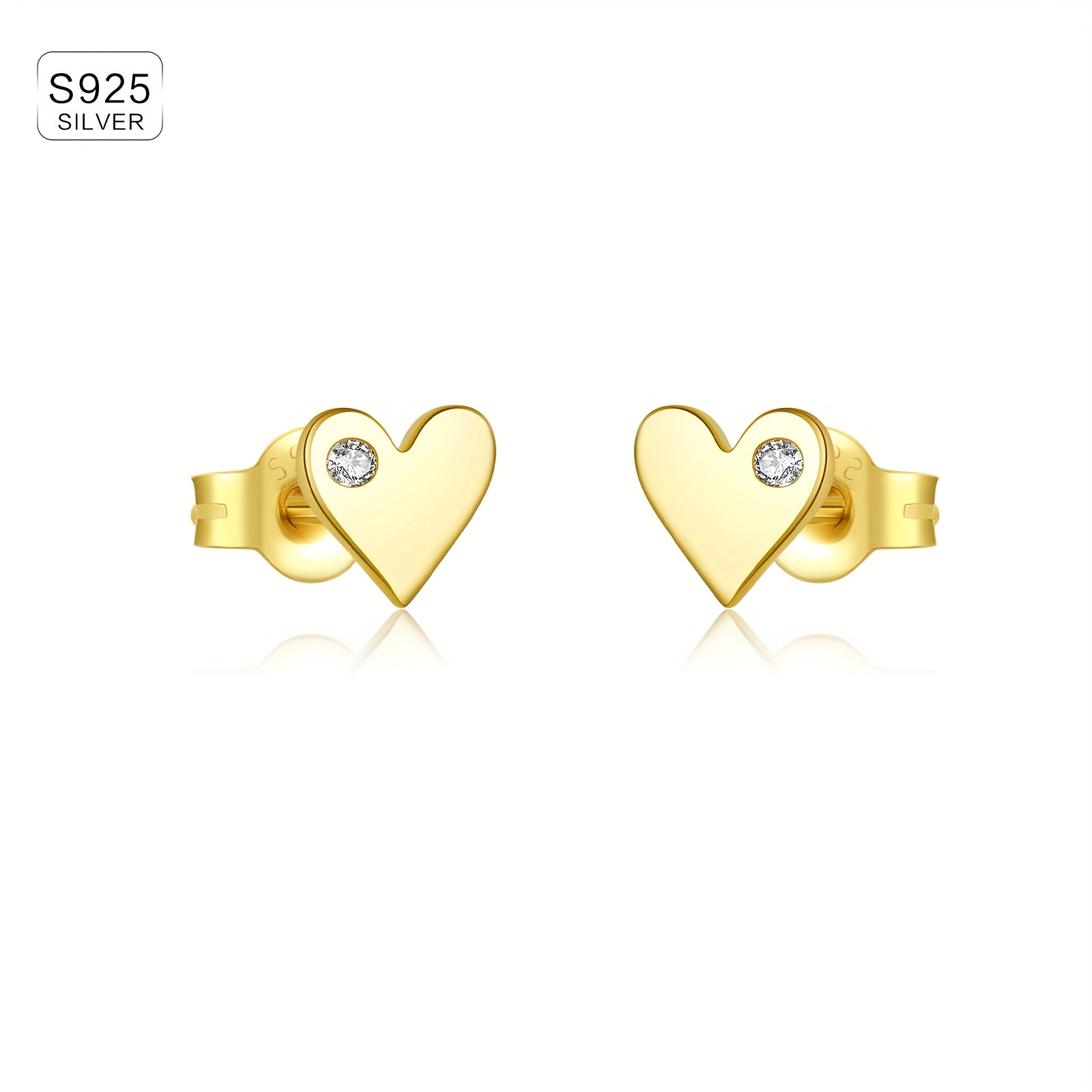 TEMU A New Pair Of 0.6g Adorable 925 Silver Heart Stud Earrings, With Synthetic Synthetic Zirconia, Hypoallergenic, High-quality Women's Jewelry, For